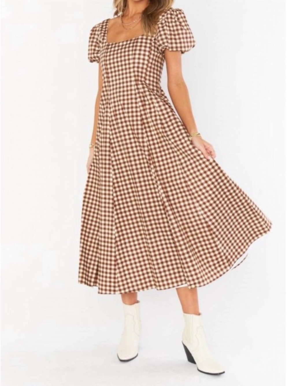 SHOW ME YOUR MUMU Mia Midi Brown Gingham Dress- XS